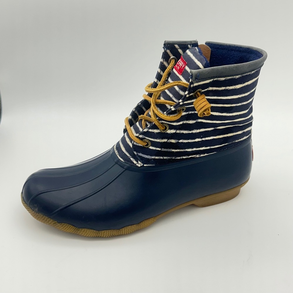Sperry Saltwater Navy Blue Striped Canvas Waterproof Duck Boots W 8 Nautical - Picture 3 of 7